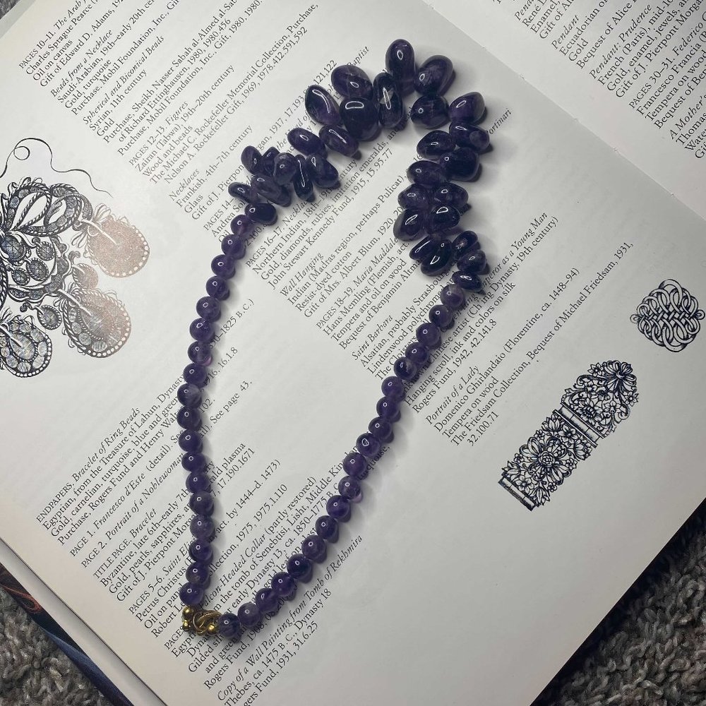 Amethyst gemstone bead necklace purple real stone long strand gold tone clasp